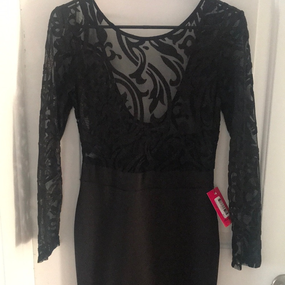 Black Mesh Long Sleeved Body Con Dress
